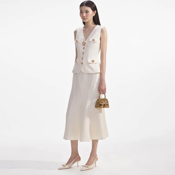 Self Portrait Cream Linen Midi Dress - Picture 2 of 15